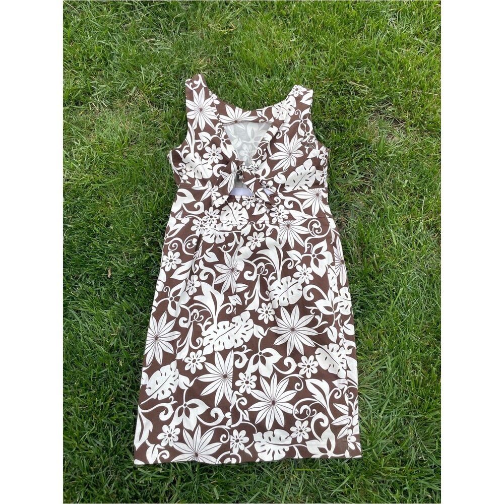 Y2K Chocolate Brown Tropical Floral Tie Front Keyhole Sheath Dress